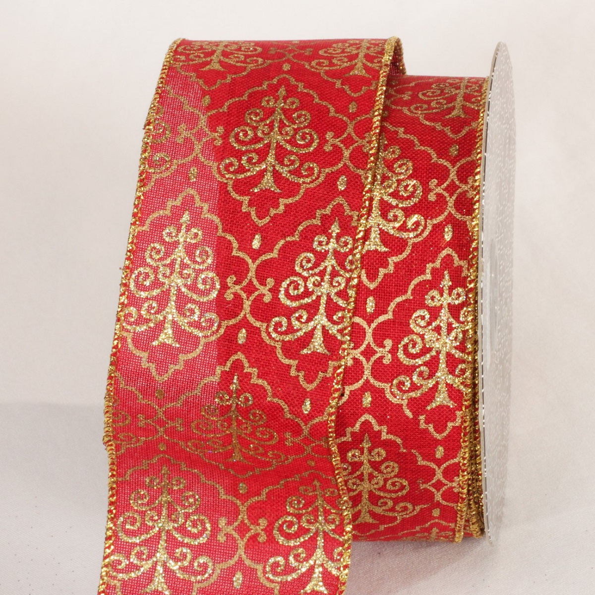 The Ribbon People Gold and Cherry Red Tree Design Wired Craft Ribbon 2.5" x 20 yards