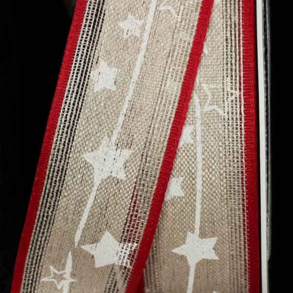 The Ribbon People Cream White and Red Christmas Star Print Linen Wired Craft Ribbon 1.25" x 16 Yards