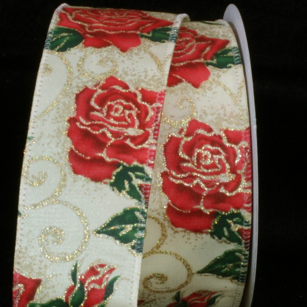 The Ribbon People White and Red Rose Printed Wired Craft Ribbon 2" x 20 Yards