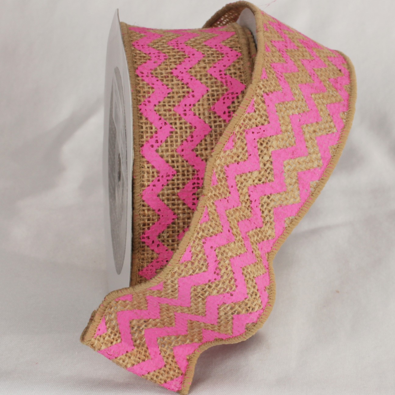 The Ribbon People Tan and Pink Burlap Chevron Print Wired Craft Ribbon 2" x 40 Yards