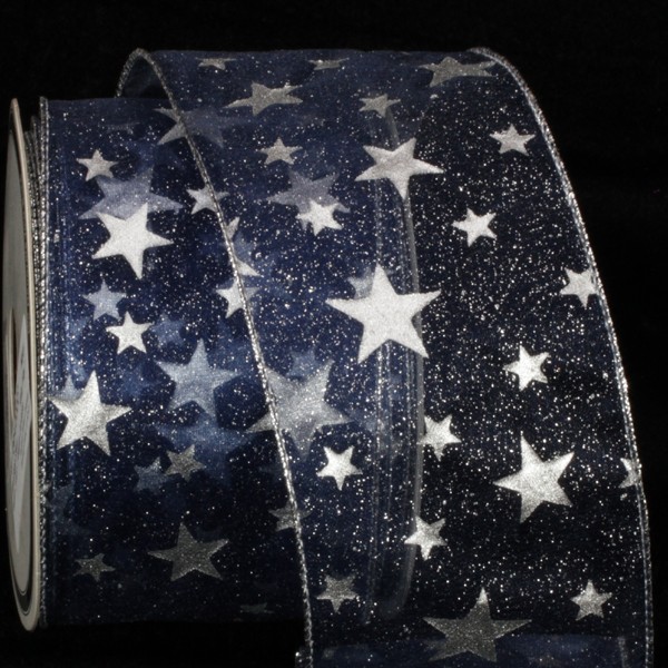 The Ribbon People Navy Blue and Silver Milky Way Wire Edged Craft Ribbon 3" x 20 Yards