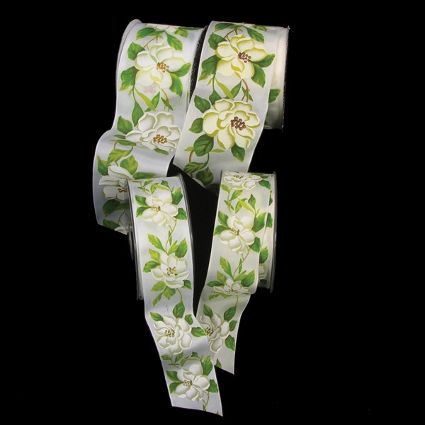 The Ribbon People Green and White Woven Magnolia Print Wired Craft Ribbon 2.5" x 20 Yards