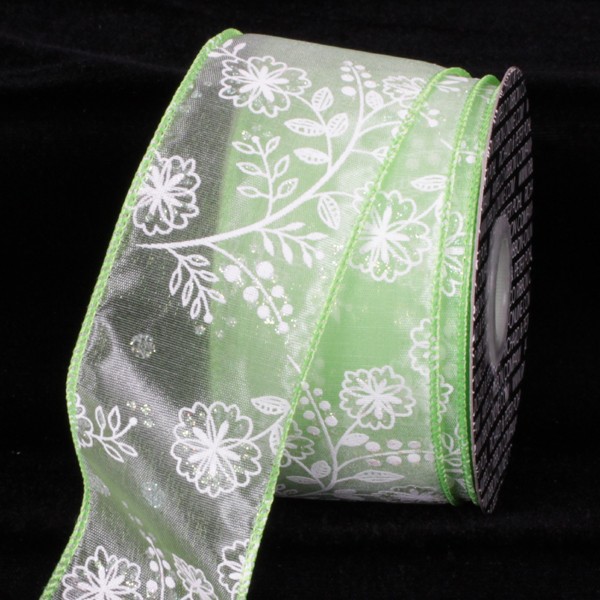 The Ribbon People Shimmering Green and White Flower Wired Craft Ribbon 2" x 40 Yards