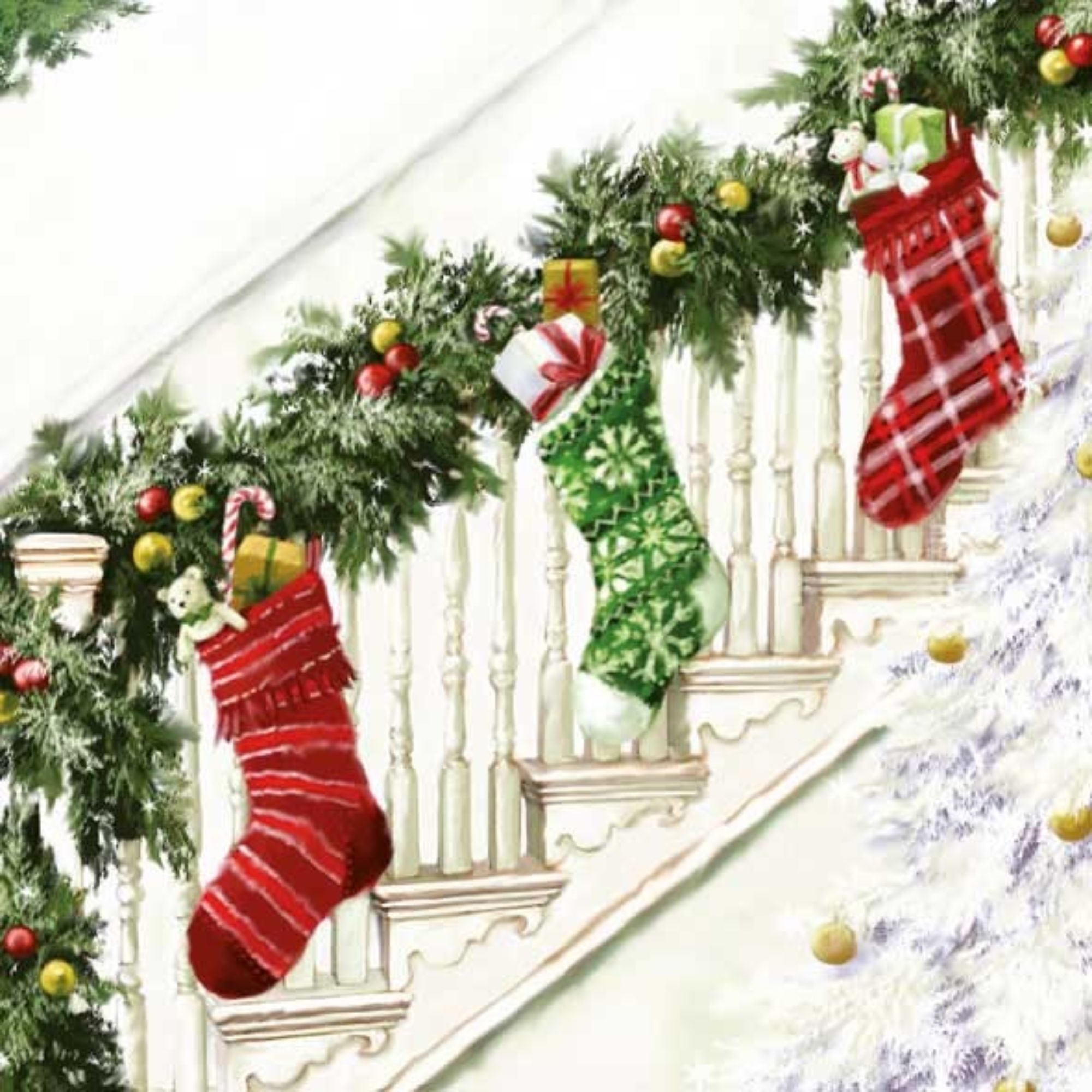 The Ribbon People Pack of 60 Christmas Stockings on Staircase 3-Ply Lunch Napkins 6.5"