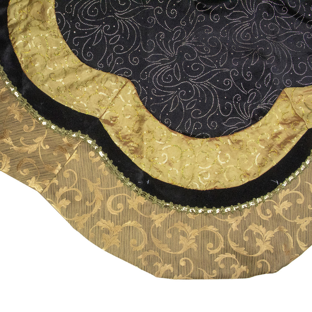 Northlight 48" Black and Gold Velveteen Floral Scallop Christmas Tree Skirt