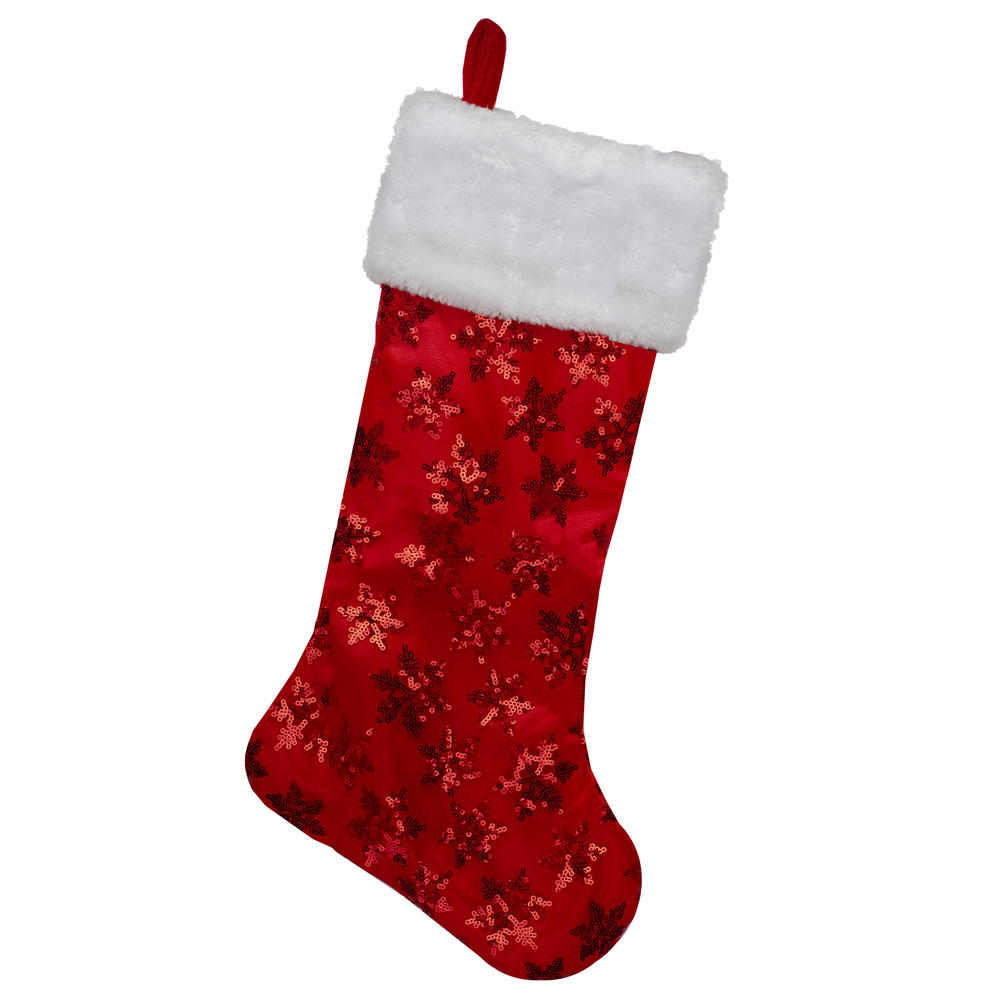 Northlight 20.5" Red and White Sequin Snowflake Christmas Stocking