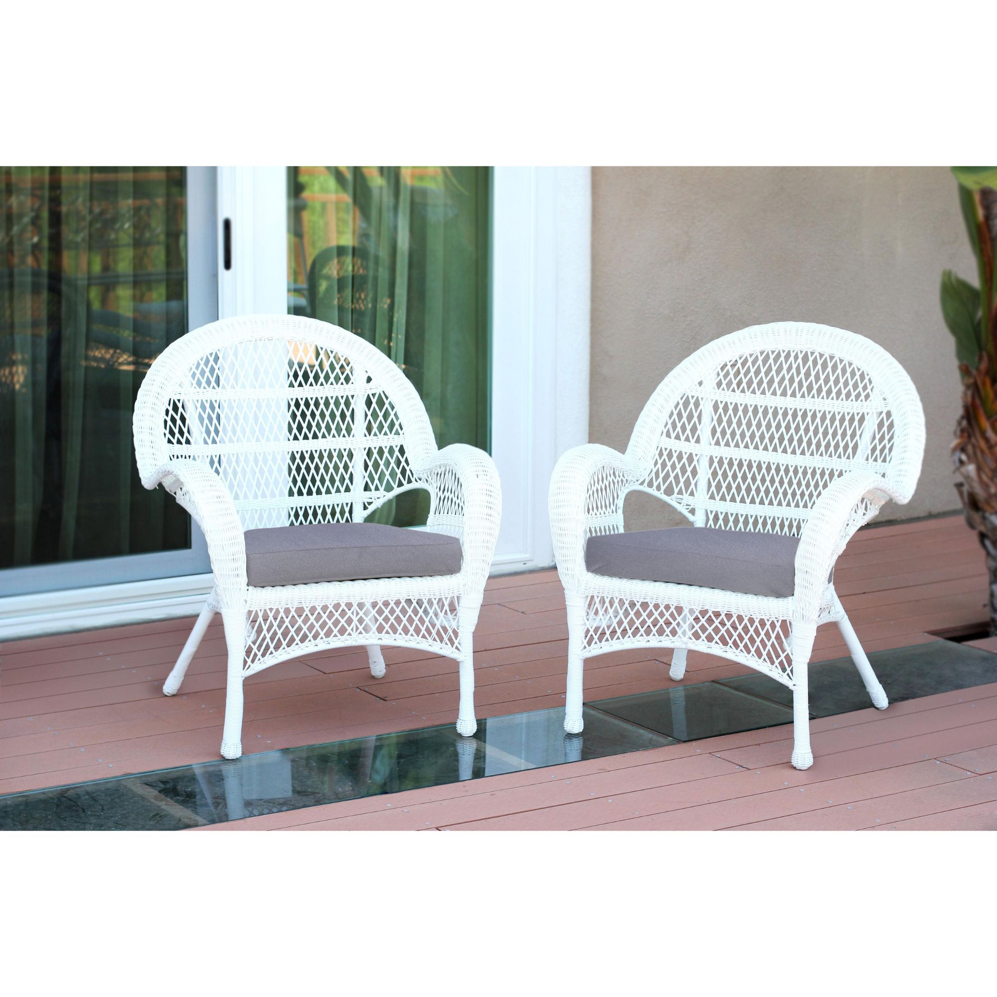 Outdoor Living And Style 685024397192 Set Of 2 White Wicker Outdoor Furniture Patio Chairs Gray Cushions