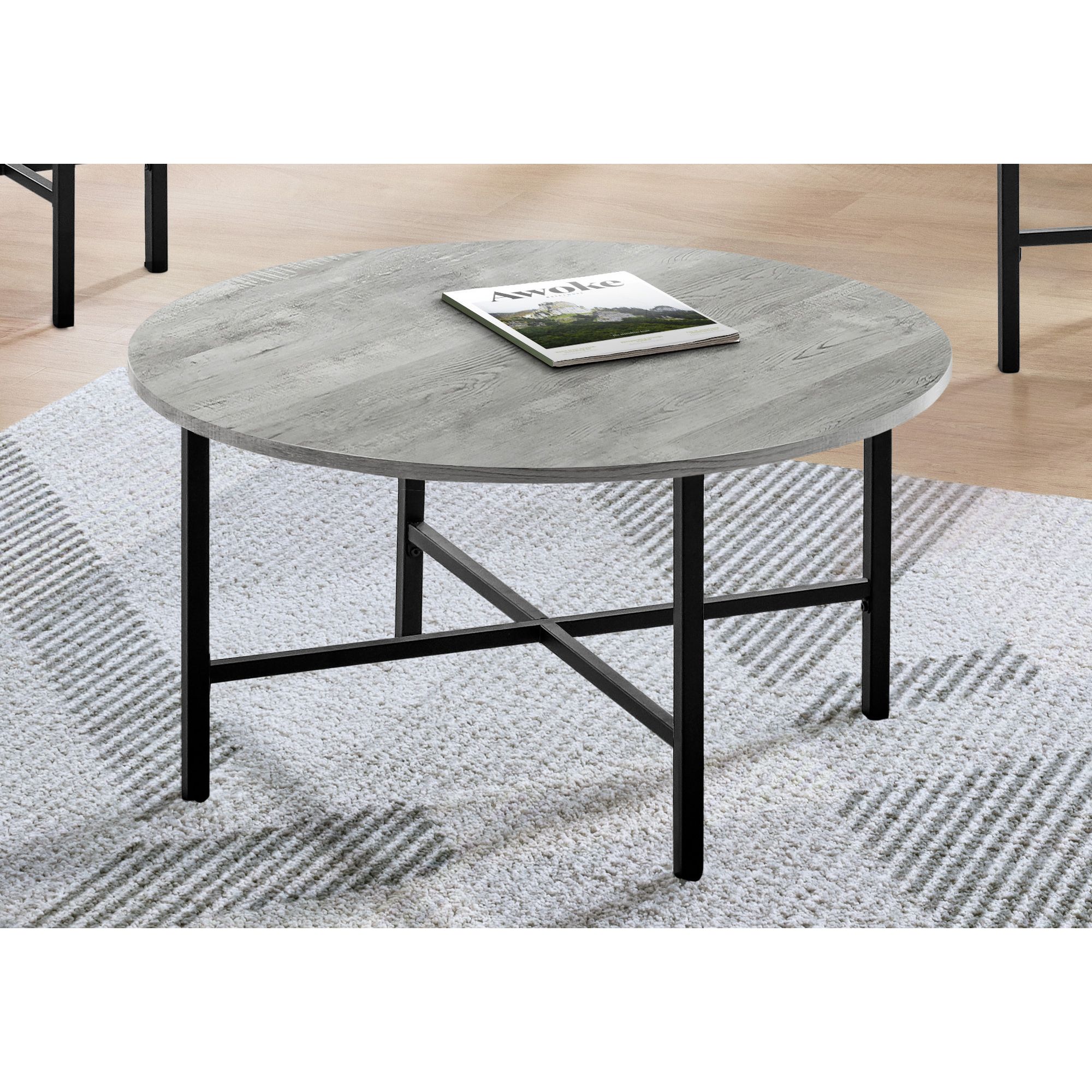 Contemporary Home Living Set Of 3 Gray Reclaimed Wood With Black Cross Metal Base Round Coffee Table And End Tables 35 5