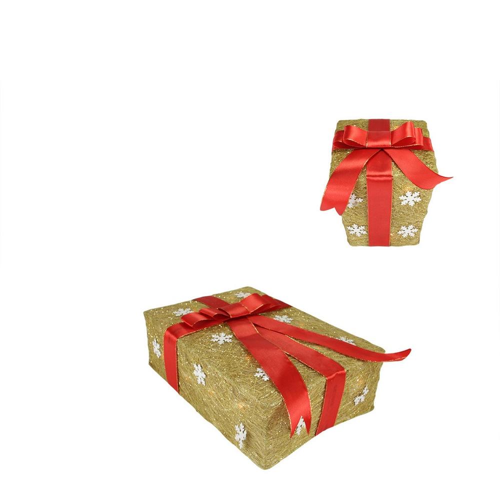Northlight Set of 3 Pre-Lit Gold and Red Snowflake Gift Box Outdoor Christmas Yard Art Decor 13"