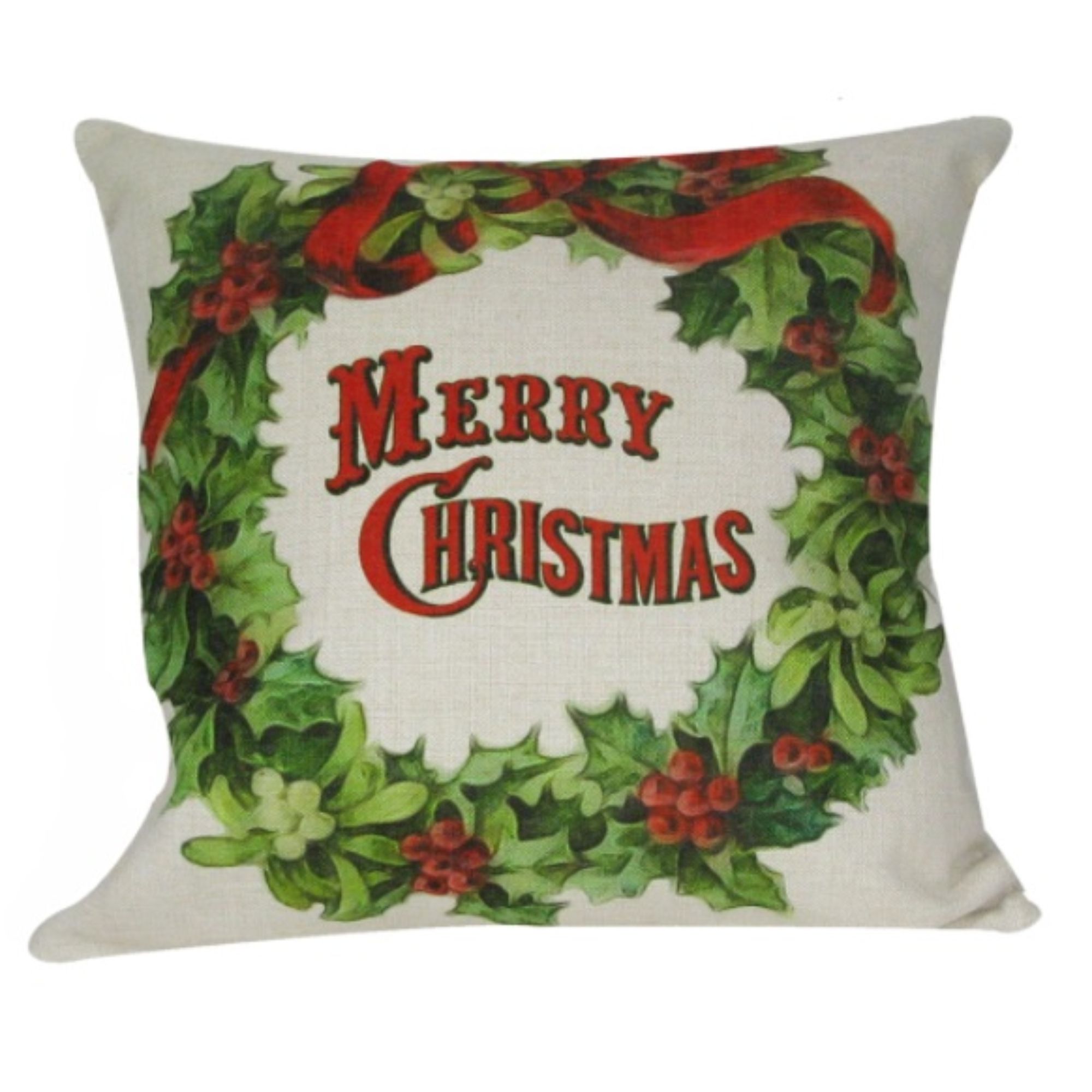 Golden Hill Studio 18" White and Green 'Merry Christmas' Berry Wreath Throw Pillow Cover