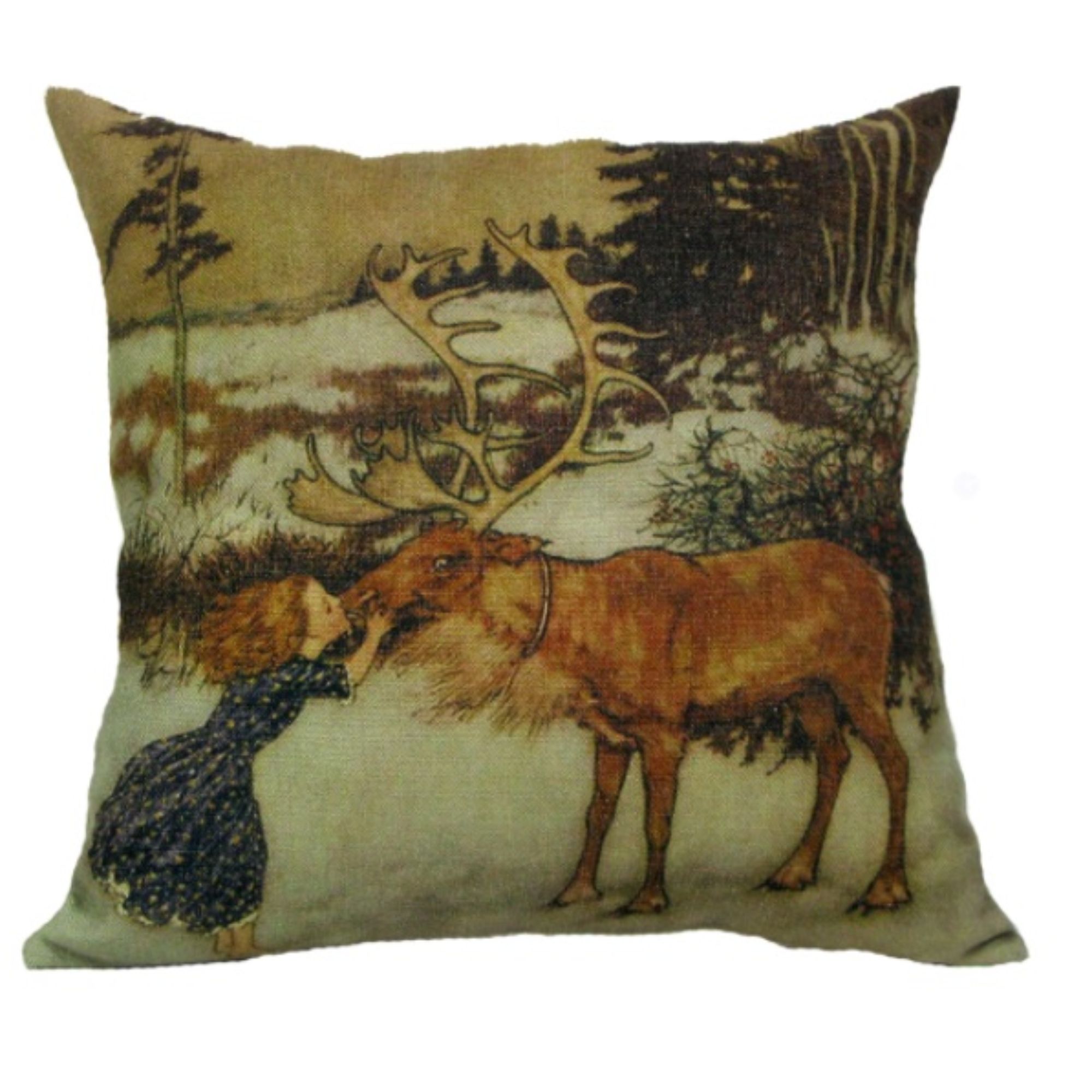 Golden Hill Studio 18" Brown Square Gerda and Reindeer Christmas Throw Pillow Cover