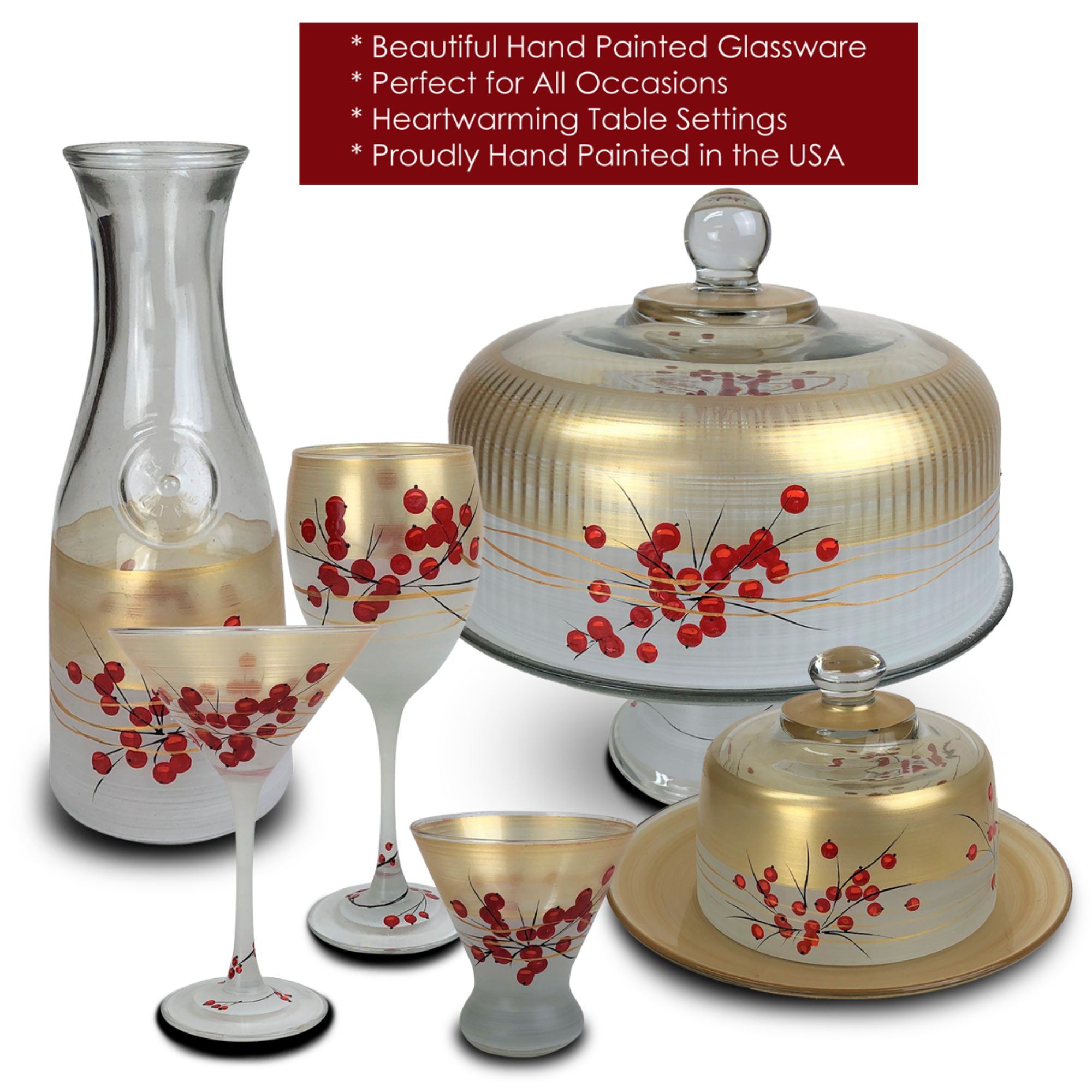 Crafted Creations Set of 2 Red and Gold Berries Hand Painted Champagne Flute Drink Glass 5.75 oz.