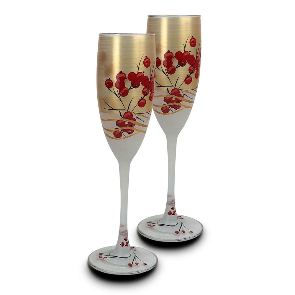 Crafted Creations Set of 2 Red and Gold Berries Hand Painted Champagne Flute Drink Glass 5.75 oz.