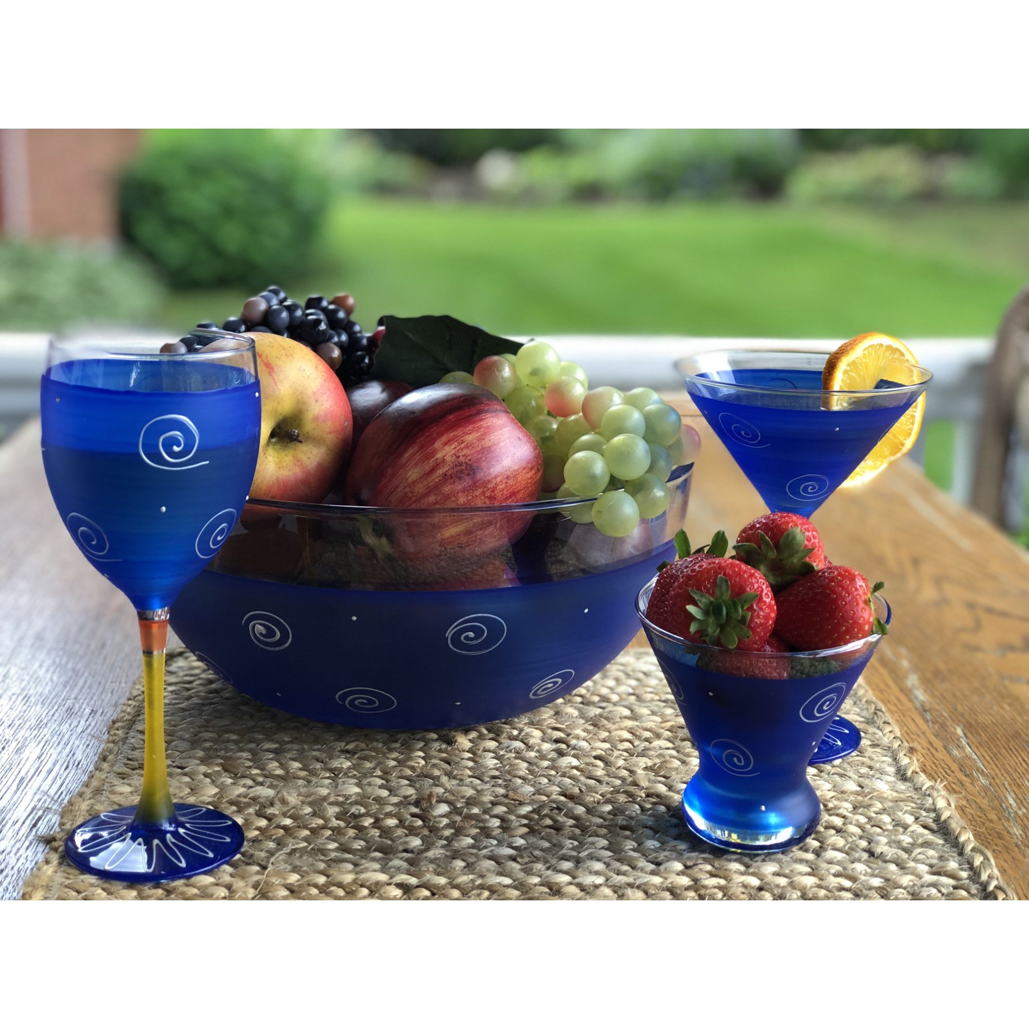 Crafted Creations Set of 2 Blue and White Hand Painted Wine Drinking Glasses 10.5 oz.