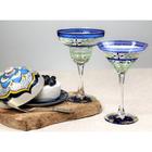 Crafted Creations Set of 2 Green and Blue Floral Hand Painted Margarita Drinking  Glasses 12 oz. 