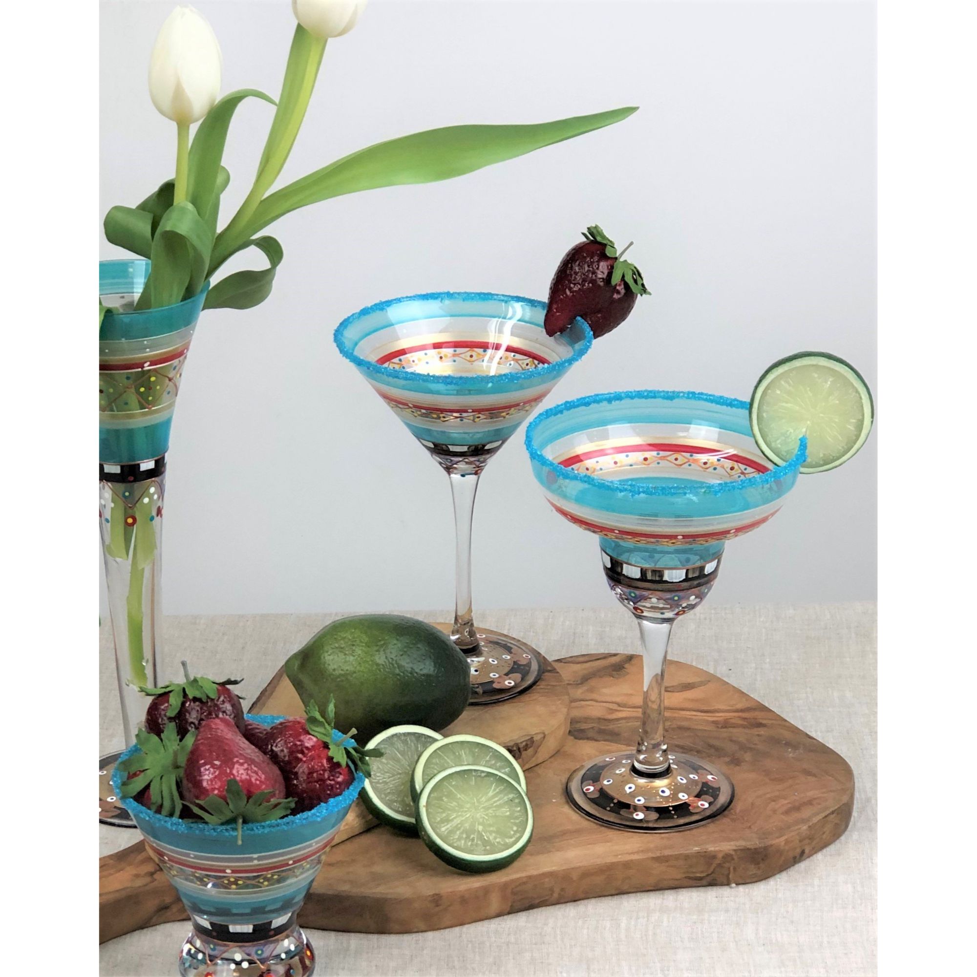 Crafted Creations Set of 2 Blue Mosaic Carnival Confetti Hand Painted Margarita Drinking Glasses 7"