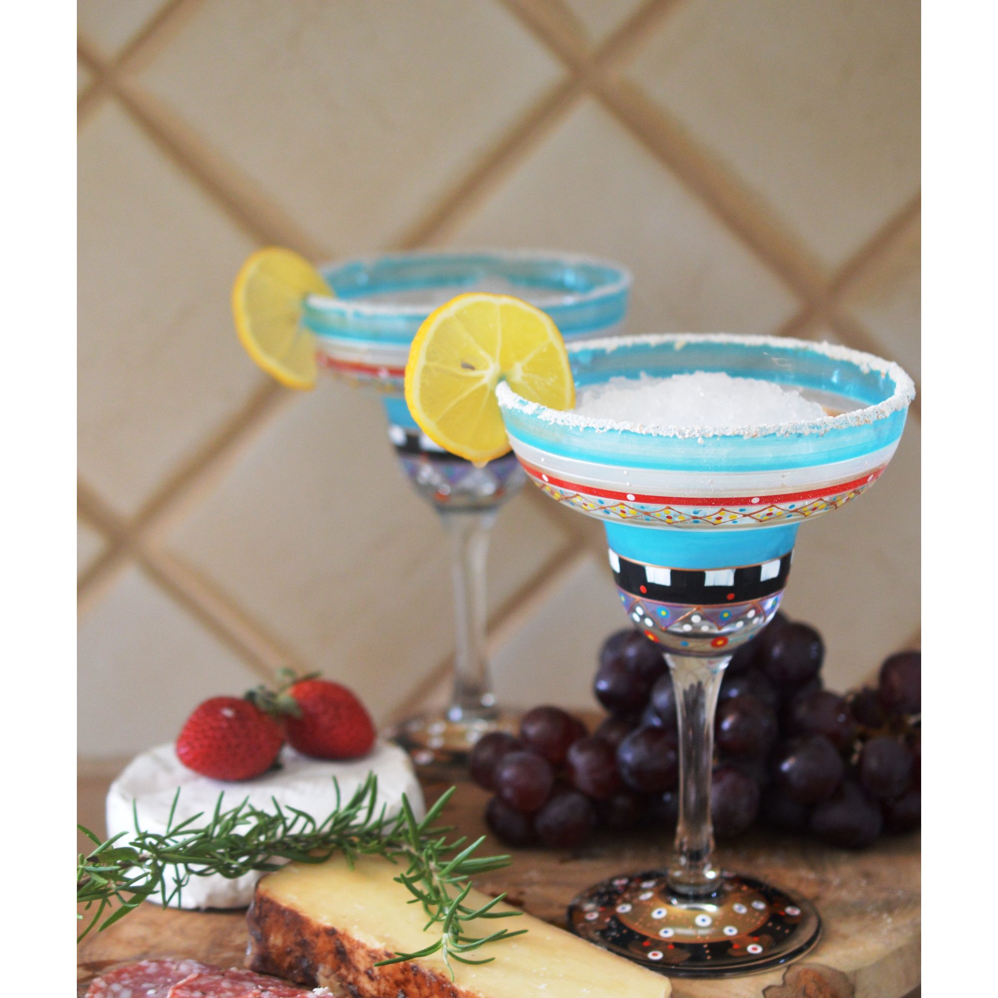 Crafted Creations Set of 2 Blue Mosaic Carnival Confetti Hand Painted Margarita Drinking Glasses 7"