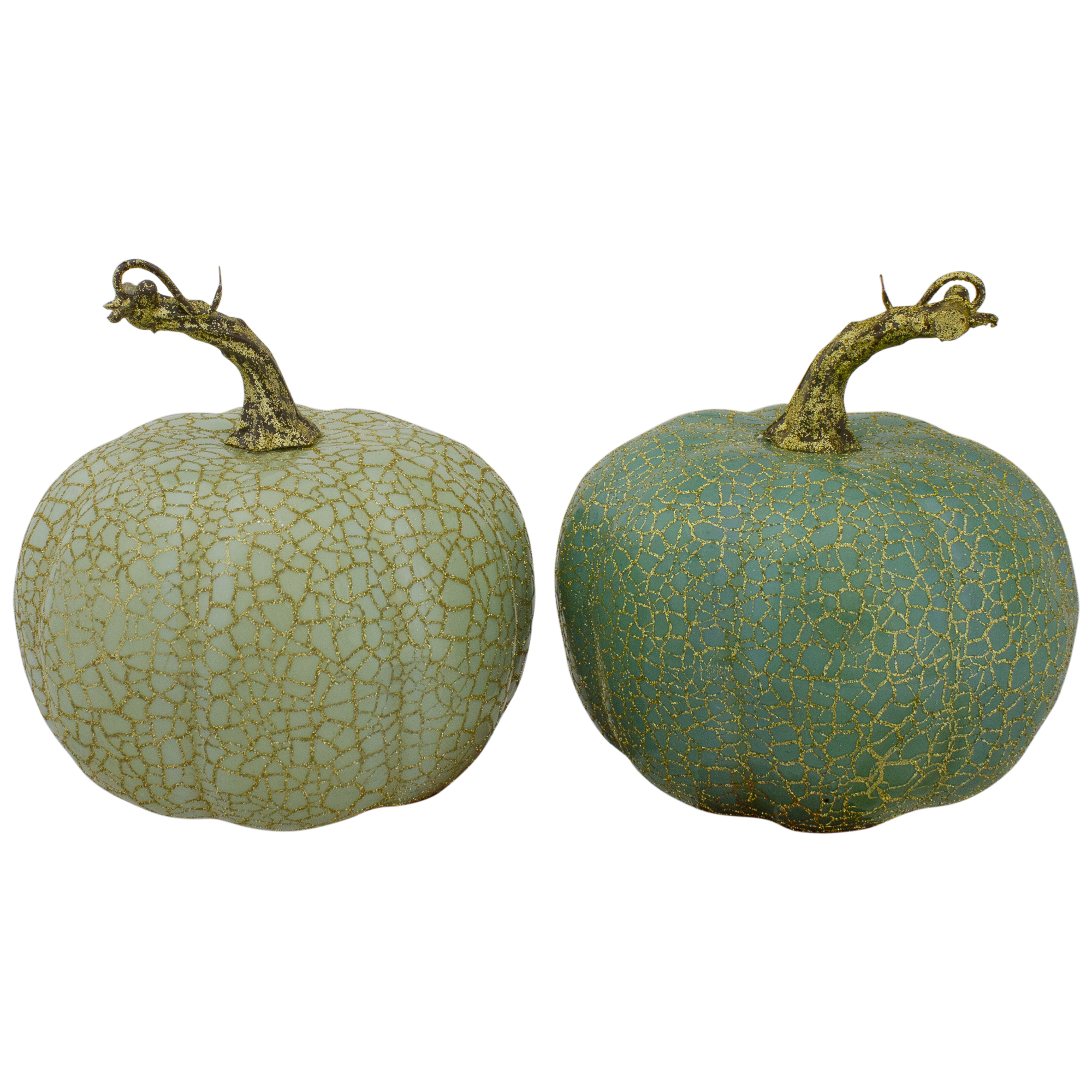Northlight Set of 2 Green and Gold Crackle Fall Harvest Tabletop Thanksgiving Pumpkins, 5-Inch