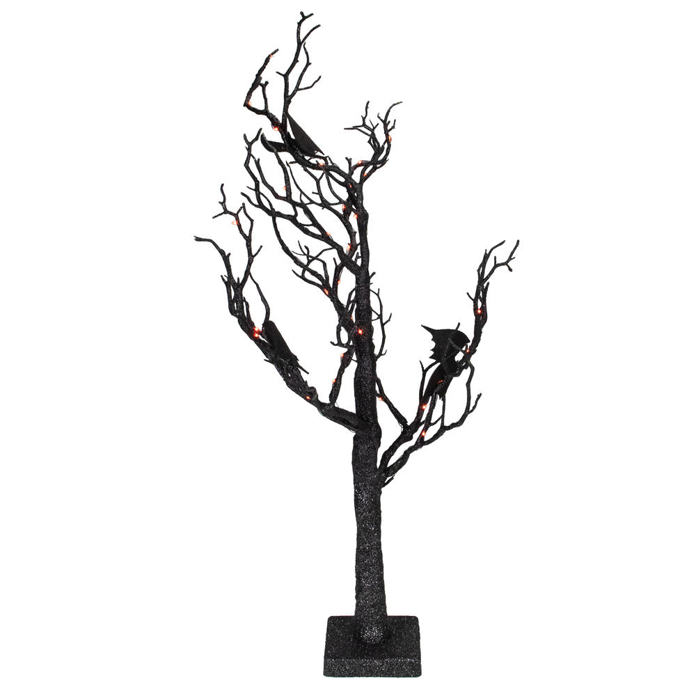 Northlight 26.5" LED Lighted Black Glittered Tabletop Halloween Tree with Bats - Orange Lights