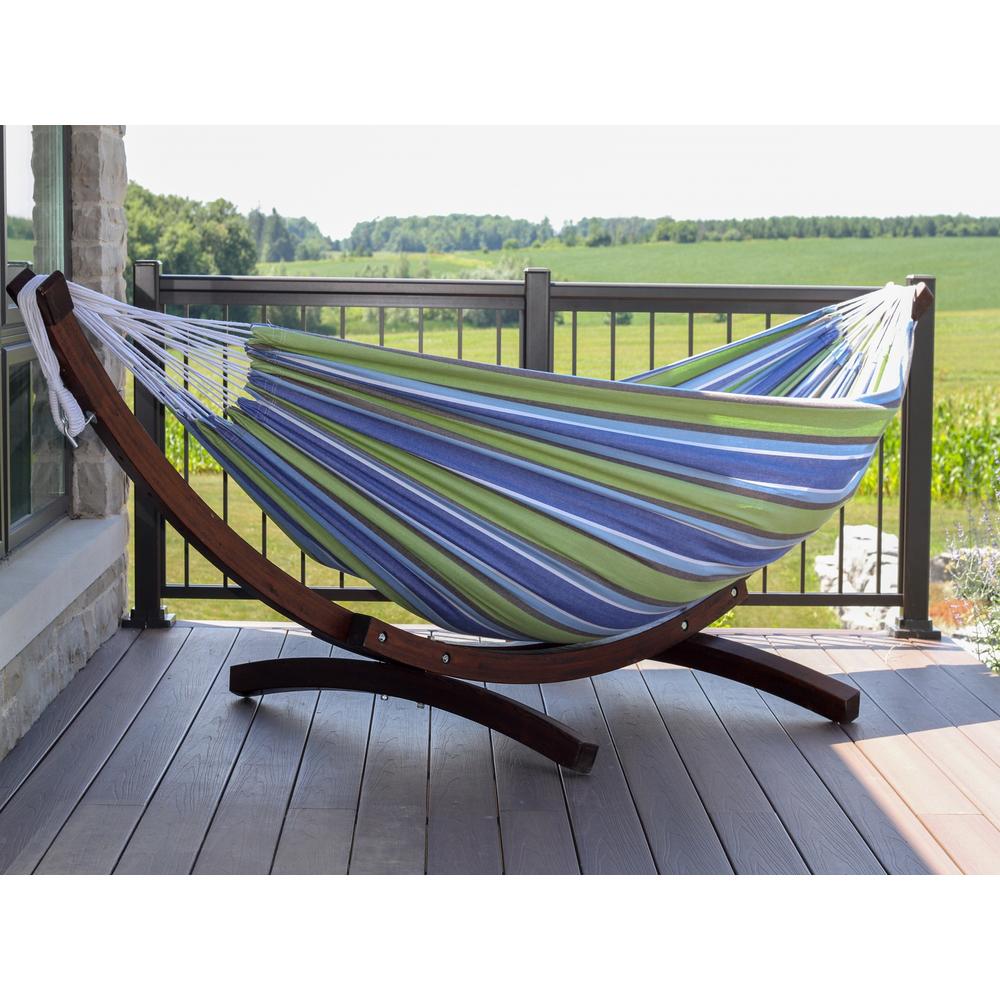 The Hamptons Collection 102” Blue and Green Striped Brazilian Style Hammock with Stand