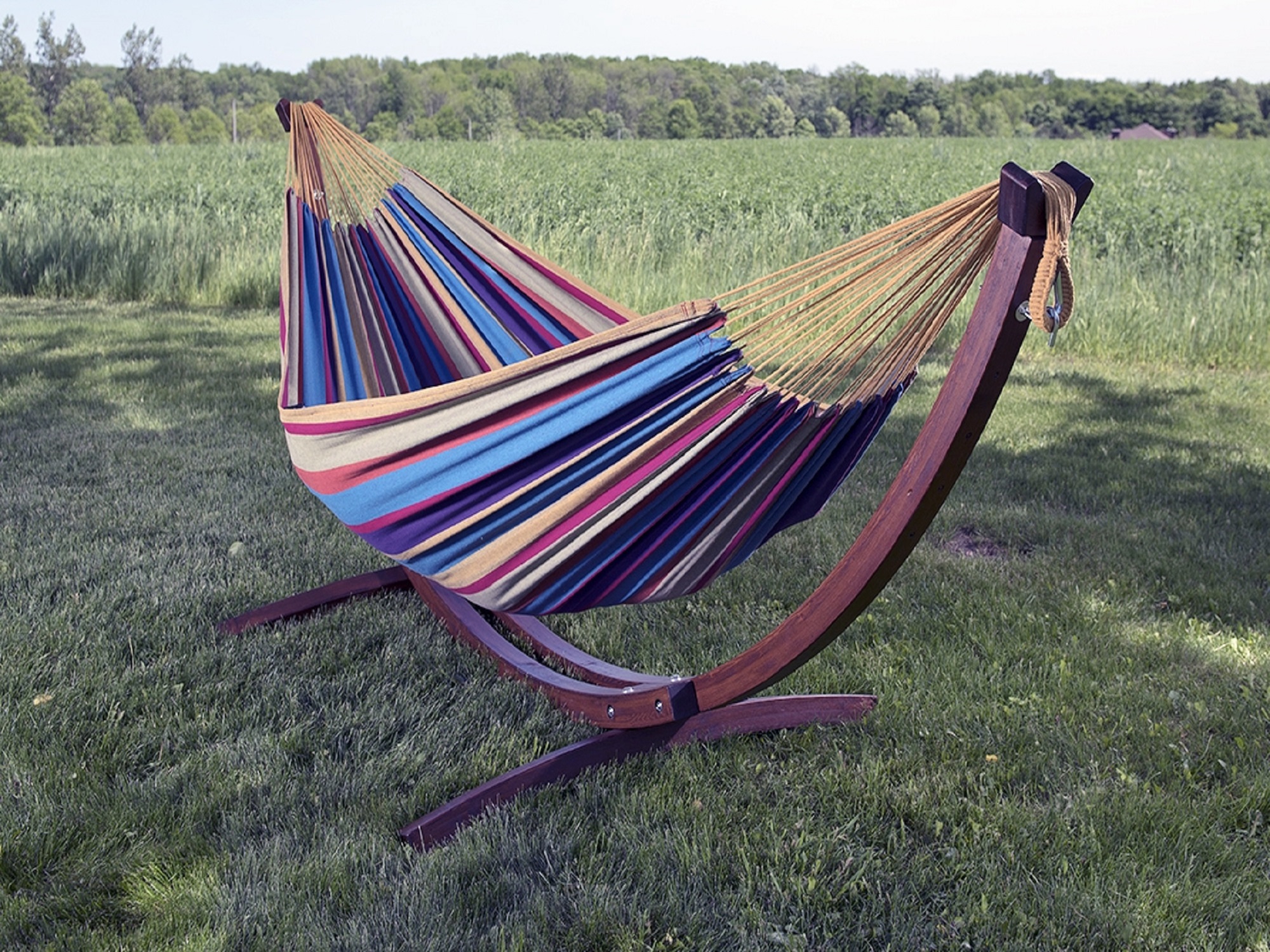 The Hamptons Collection 102” Yellow and Purple Striped Brazilian Style Hammock with Stand