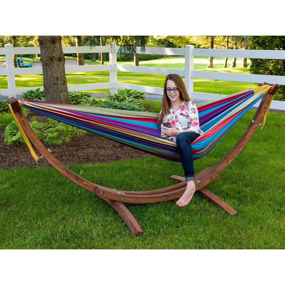 The Hamptons Collection 102” Yellow and Purple Striped Brazilian Style Hammock with Stand