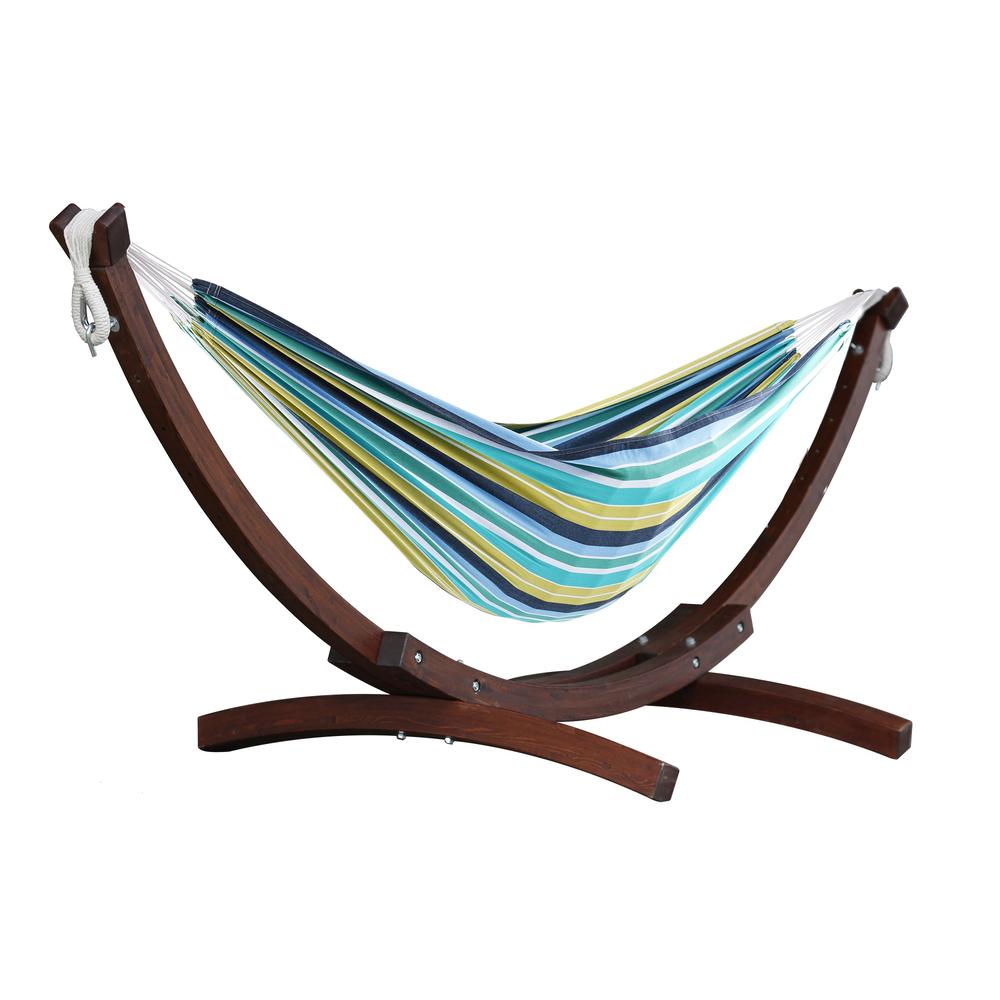 The Hamptons Collection 102” Blue and White Striped Brazilian Style Hammock with Stand