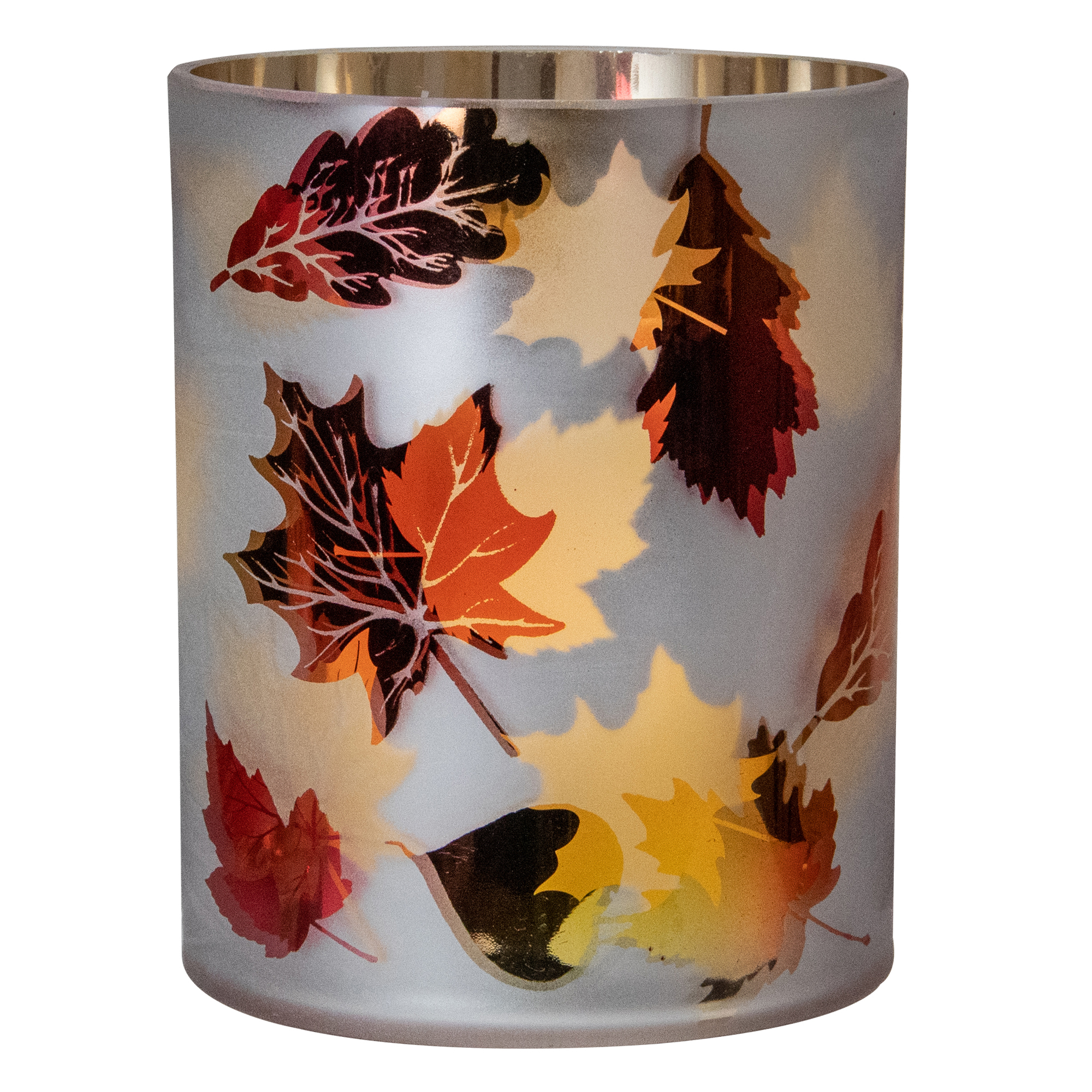 Northlight 6" Matte White and Gold Autumn Leaves Flameless Glass Candle Holder