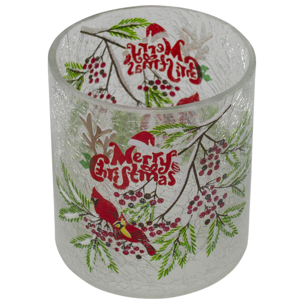 Northlight 8" Hand Painted Christmas Cardinal and Pine Flameless Glass Christmas Candle Holder