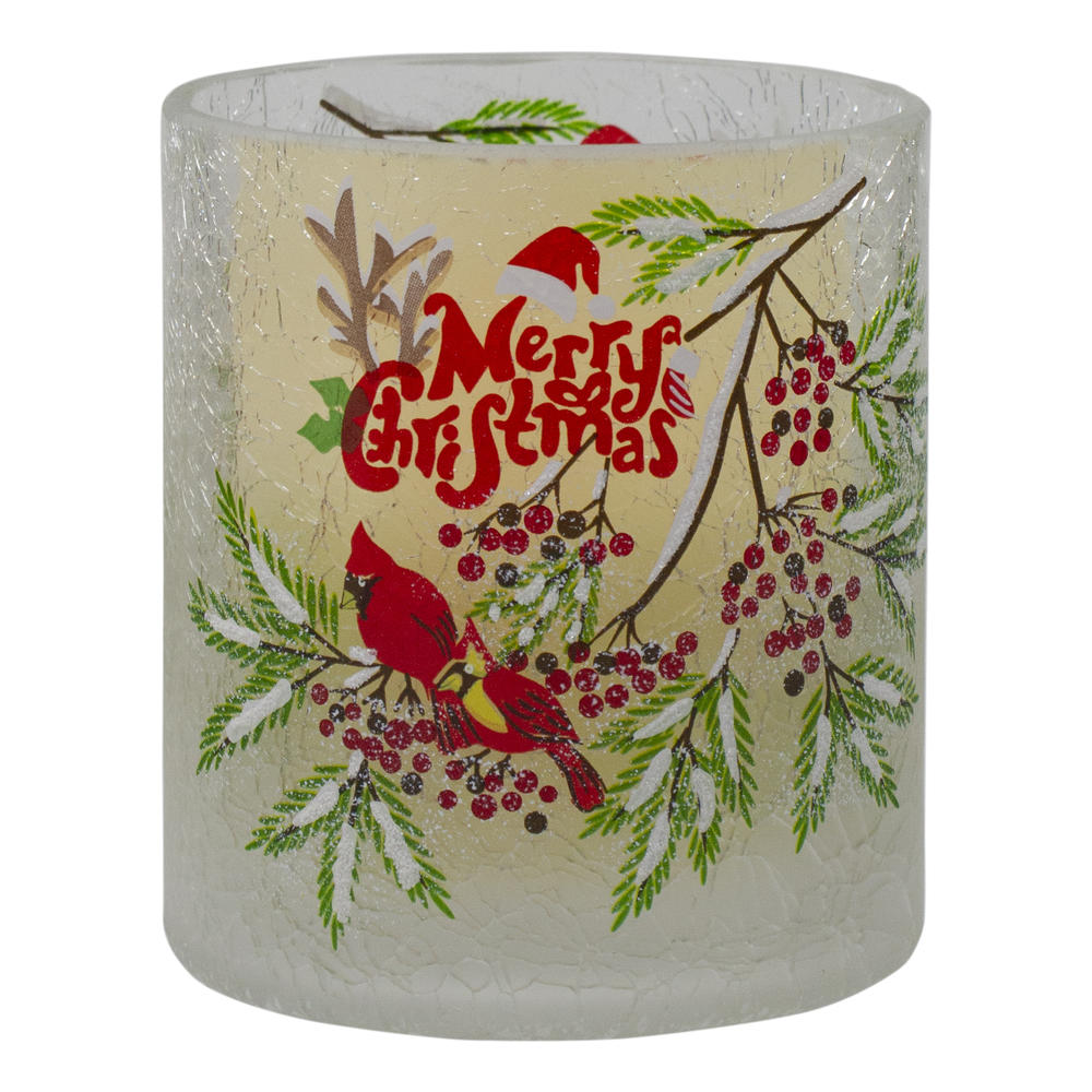 Northlight 8" Hand Painted Christmas Cardinal and Pine Flameless Glass Christmas Candle Holder