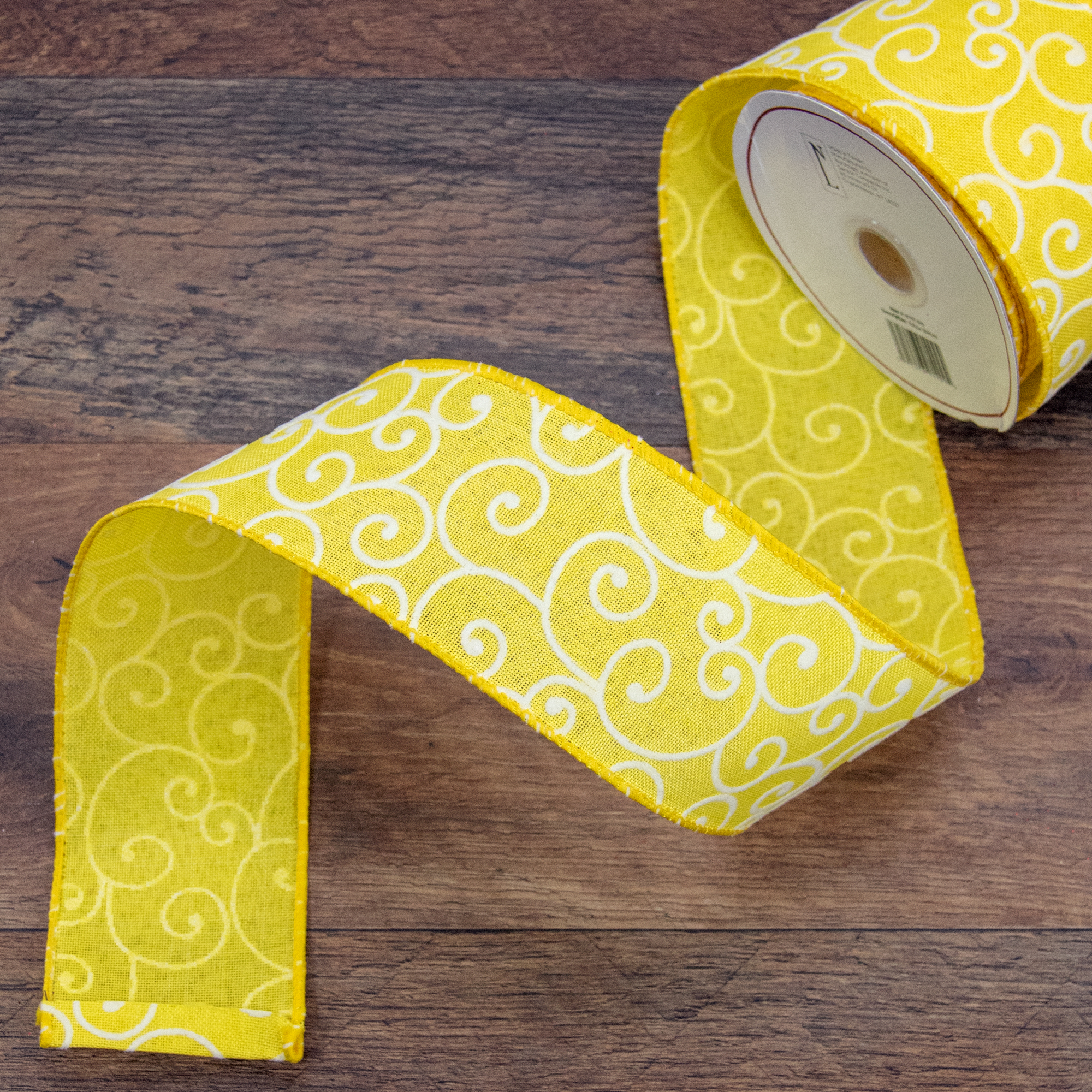 Northlight Yellow White Swirl Design Wired Craft Ribbon 7/8" x 10 Yards