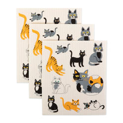 Contemporary Home Living Set of 3 Rectangular Microfiber Dishcloth with Cats Design 7.75"