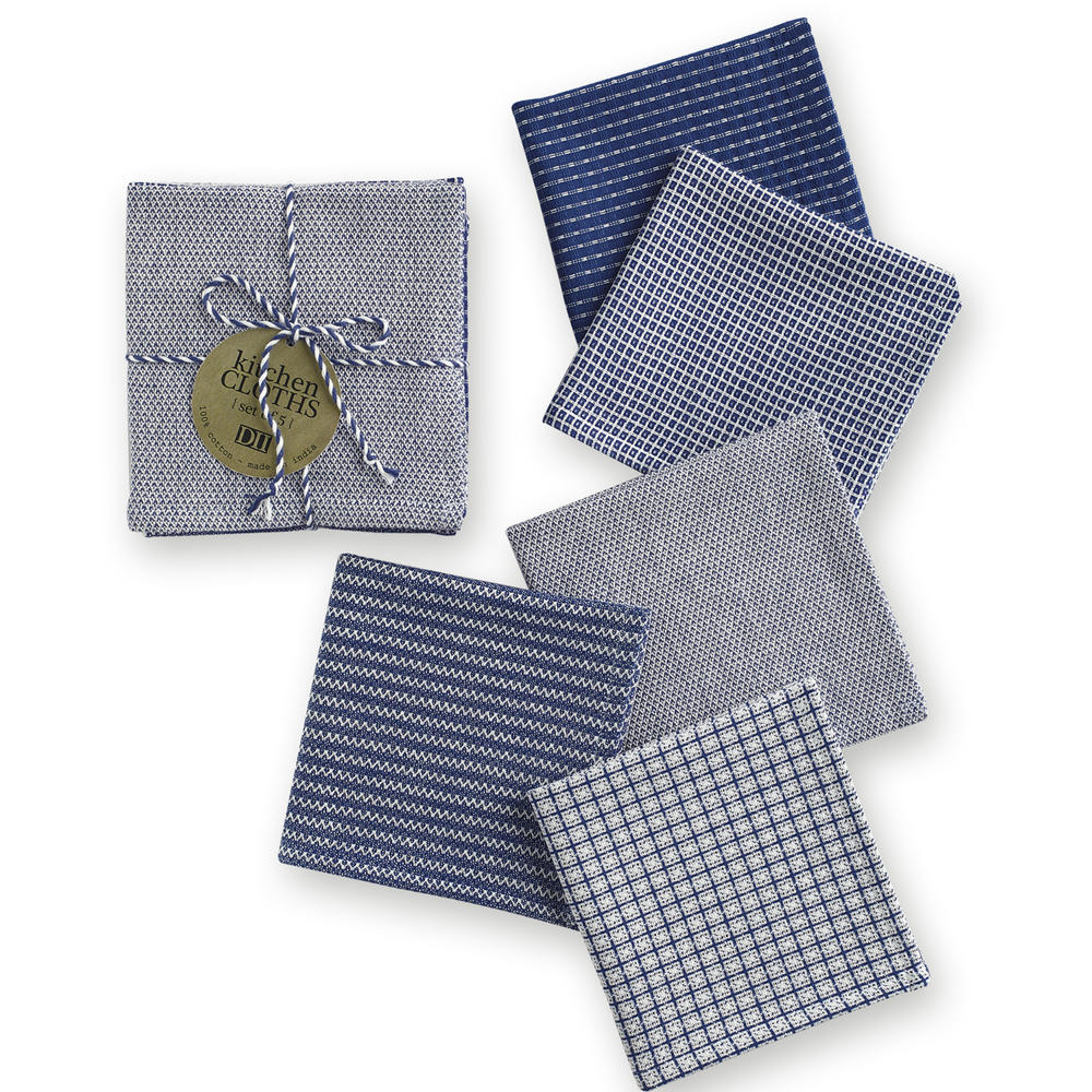 Contemporary Home Living Set of 5 Blue and Gray Weave Patterned Subtly Dishcloths 12"