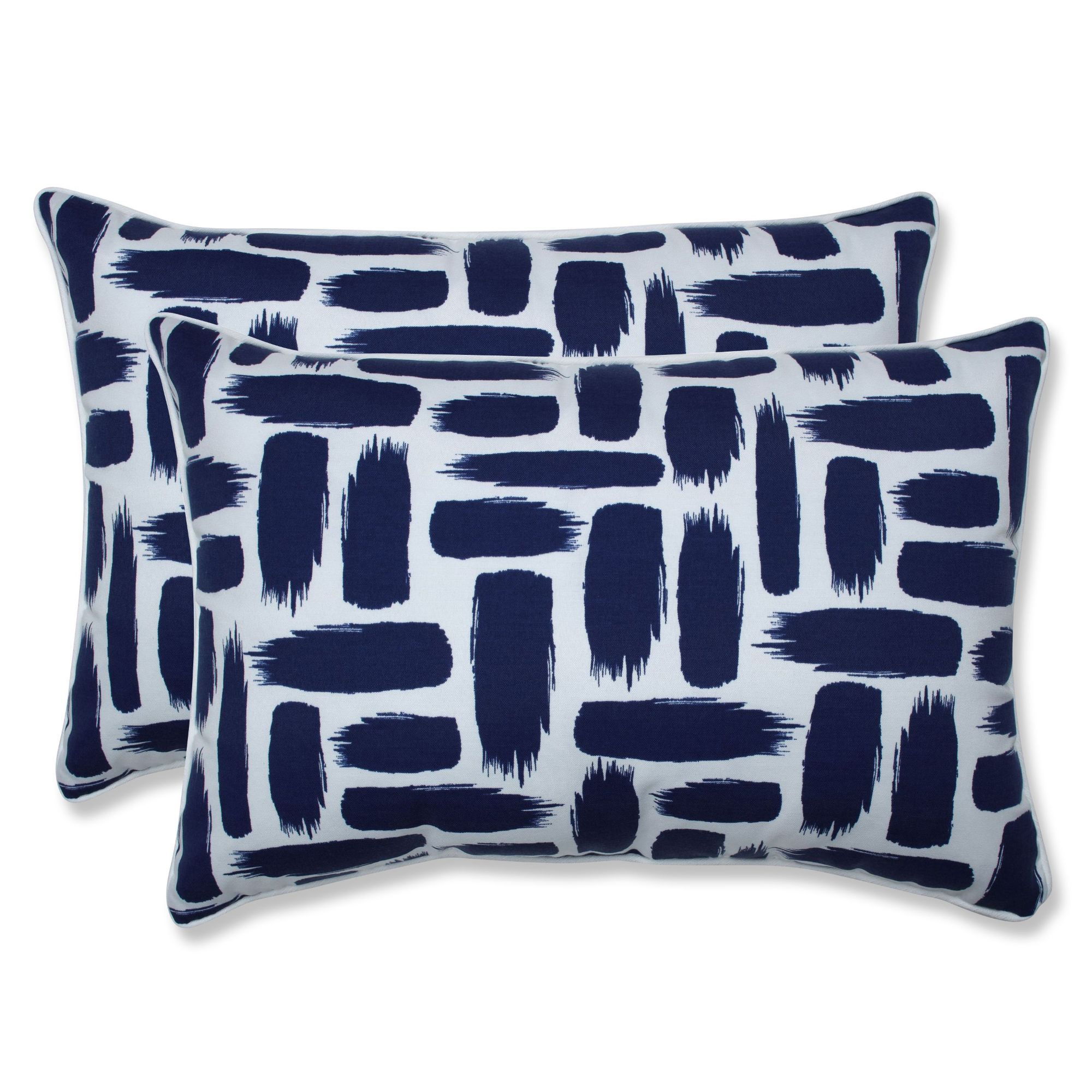 CC Home Furnishings Set of 2 Navy Blue and White Paint Stokes UV Resistant Patio Rectangular Throw Pillows 24.5"