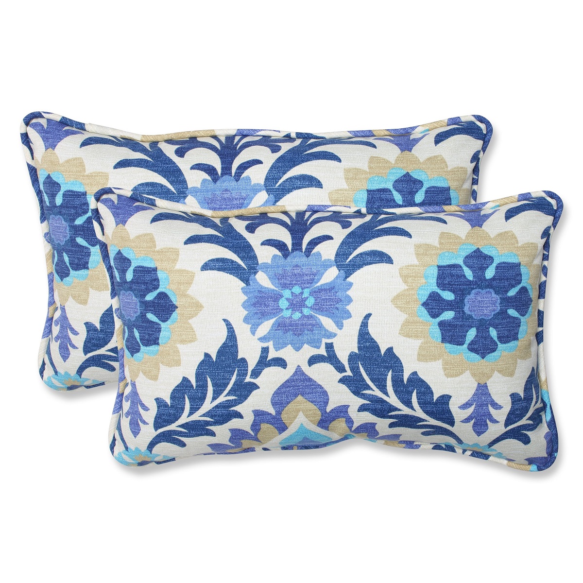 Pillow Perfect Set of 2 Blue and White Damask Outdoor Corded Throw Pillows 18.5"
