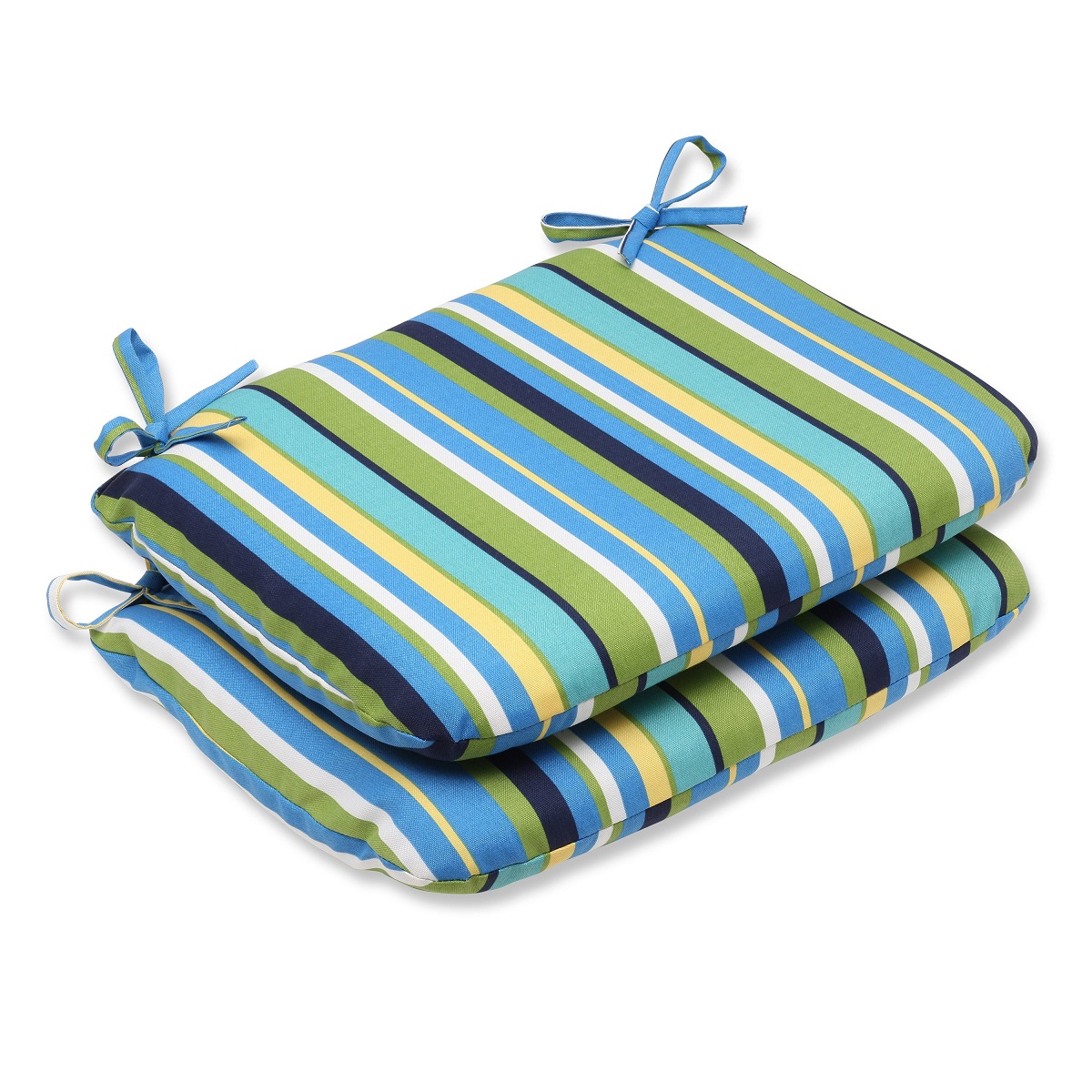 Pillow Perfect Set of 2 Strisce Luminose Blue and Green Striped Outdoor Patio Rounded Seat Cushions 18.5"