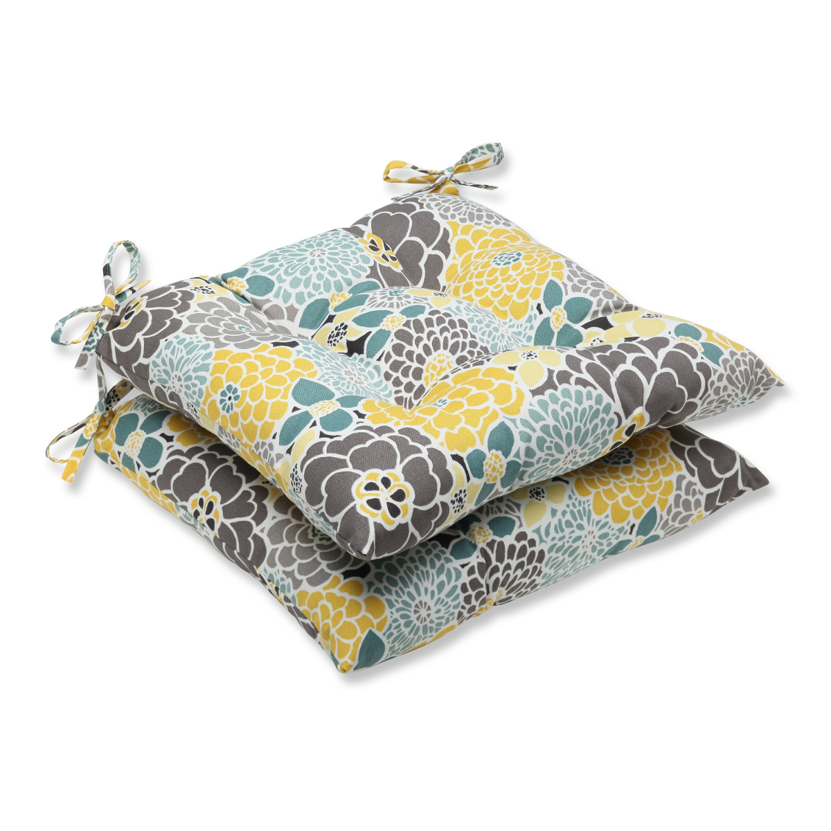 CC Outdoor Living Set of 2 Yellow and Gray Floral Grande Outdoor Patio Seat Chair Cushions 19"