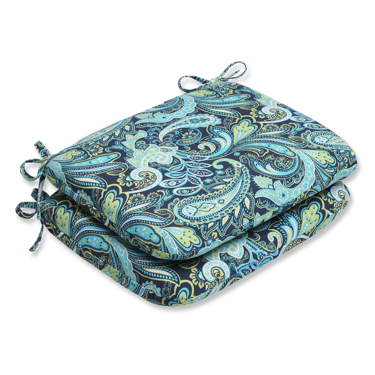 Pillow Perfect Set of 2 Blue and Green Paisley Outdoor Patio Rounded Chair Cushions 18.5"