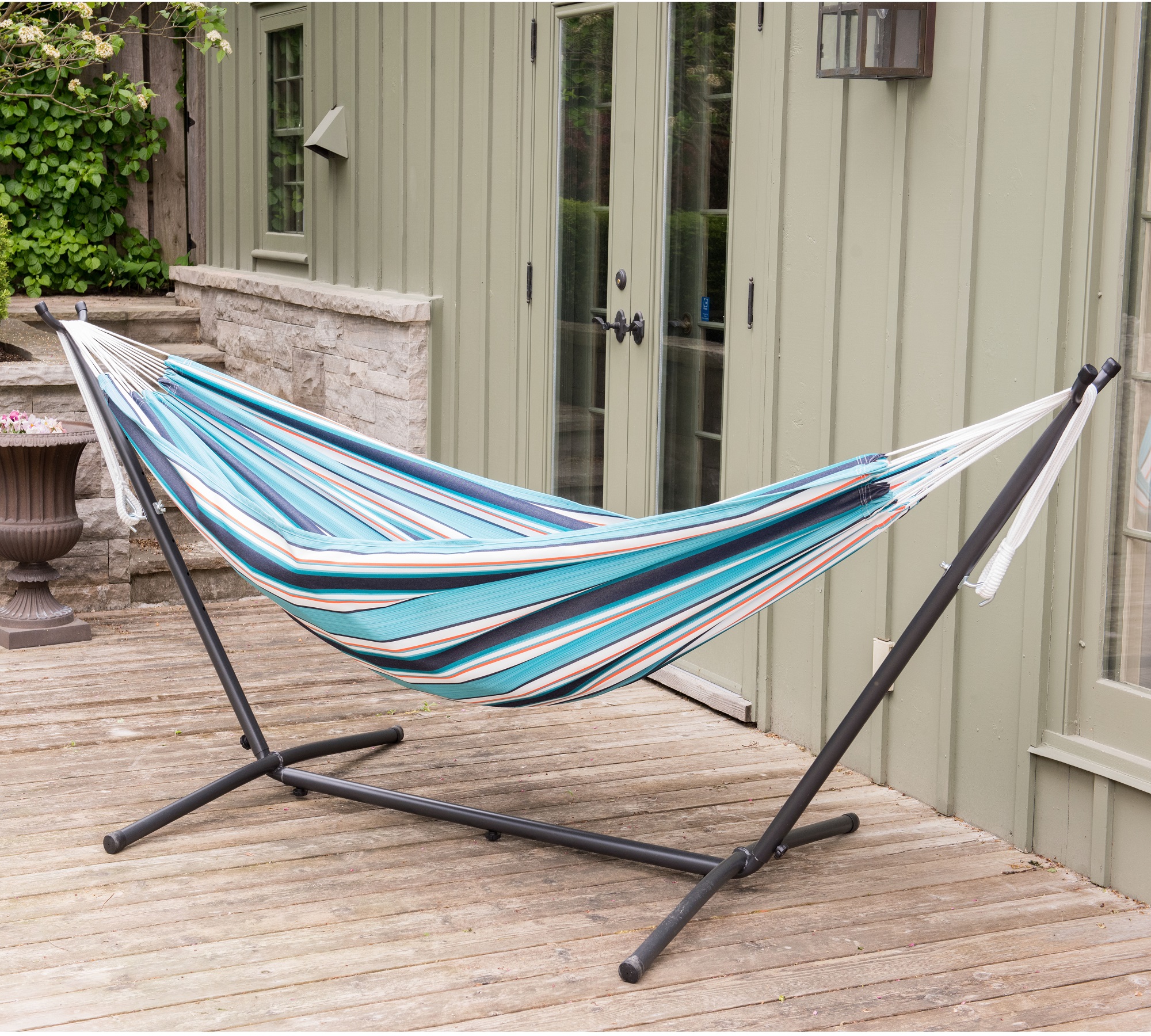 The Hamptons Collection 110” Blue and White Striped Sunbrella Brazilian Style Hammock with Stand