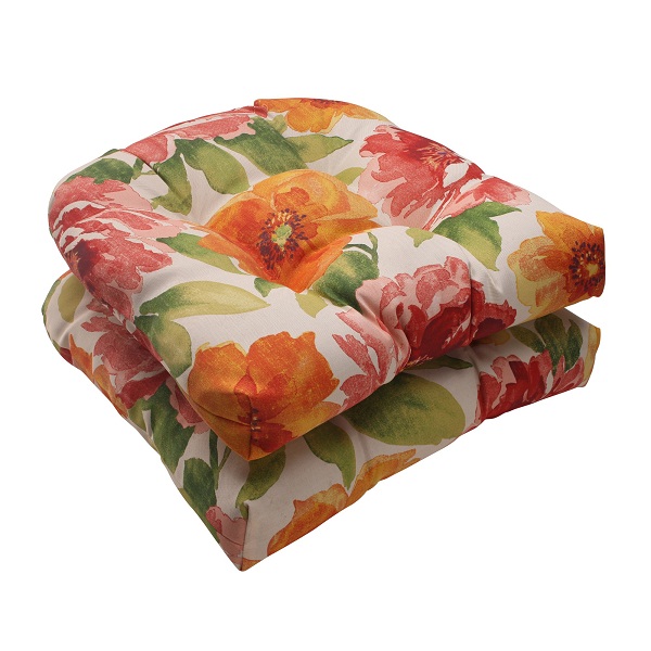 Pillow Perfect Set of 2 White and Red Floral Outdoor Patio Tufted Wicker Seat Cushions 19"
