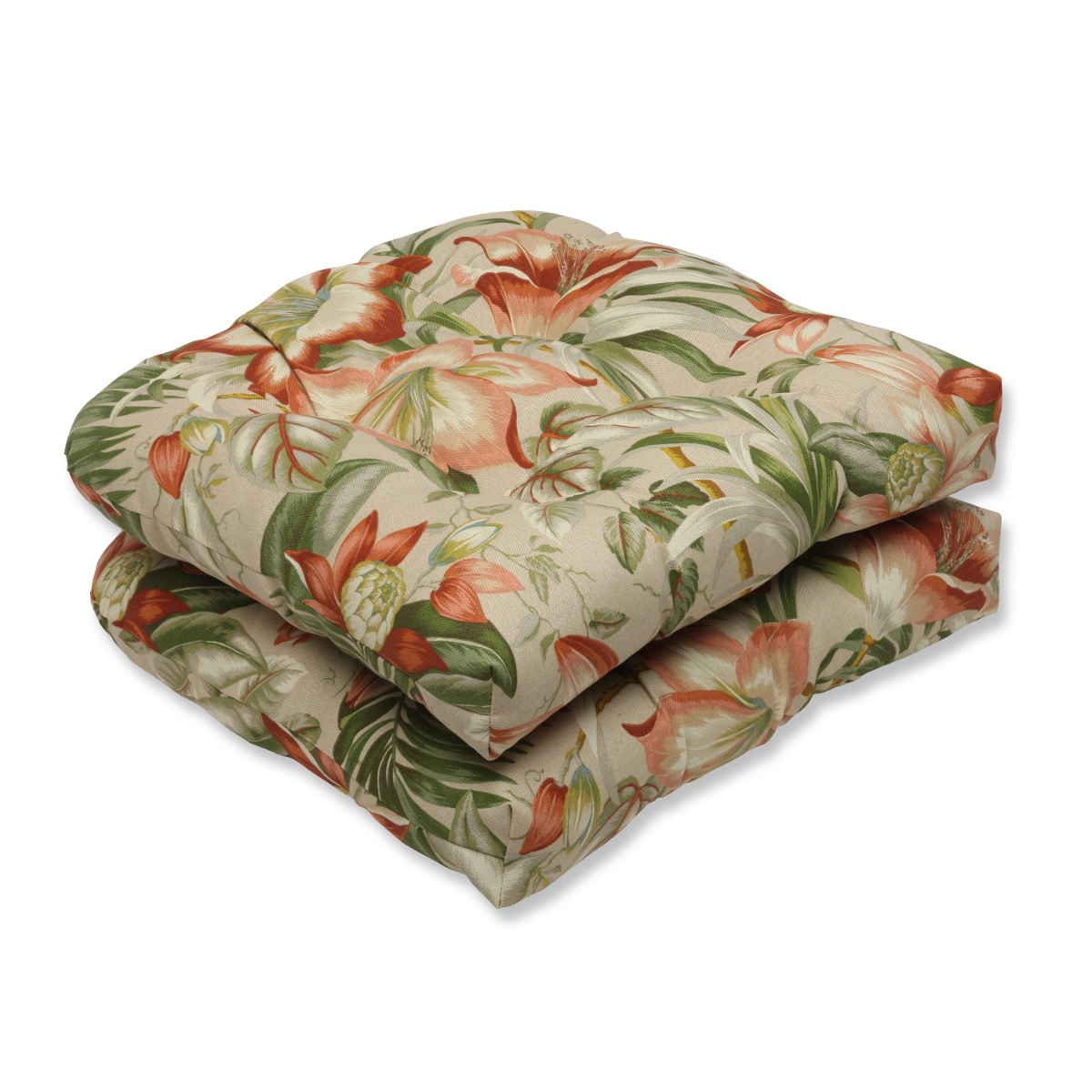 Pillow Perfect Set of 2 Green and Red Tropical Garden Outdoor Patio Rounded Seat Cushions 19"