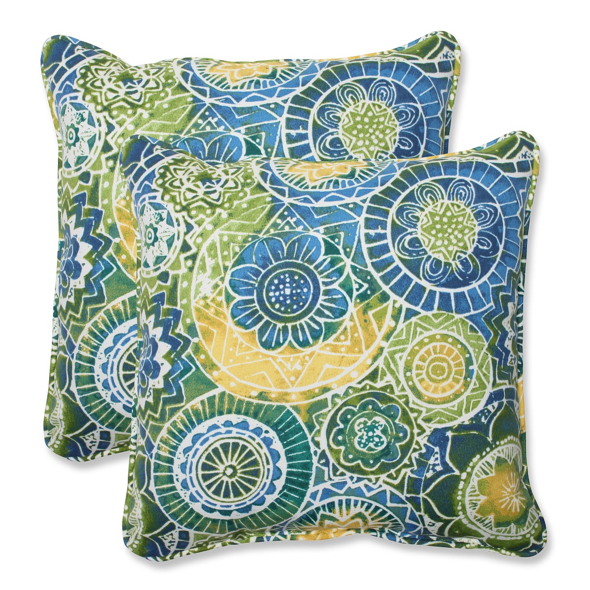 CC Outdoor Living Set of 2 Laguna Mosaico Blue, Green and Yellow Outdoor Corded Square Throw Pillows 18.5"