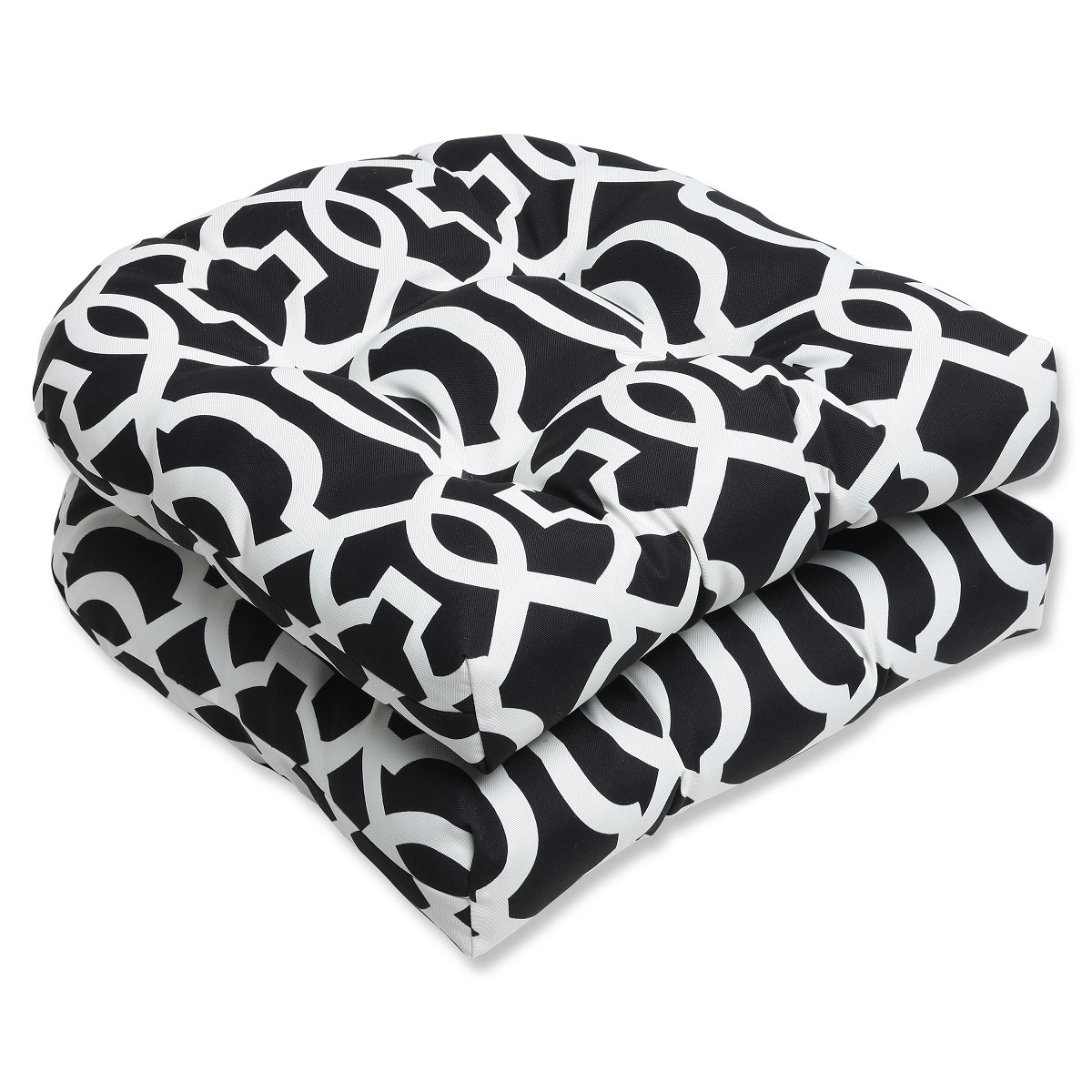 Pillow Perfect Set of 2 Black and White Geometric Outdoor Patio Tufted Wicker Chair Cushions 19"