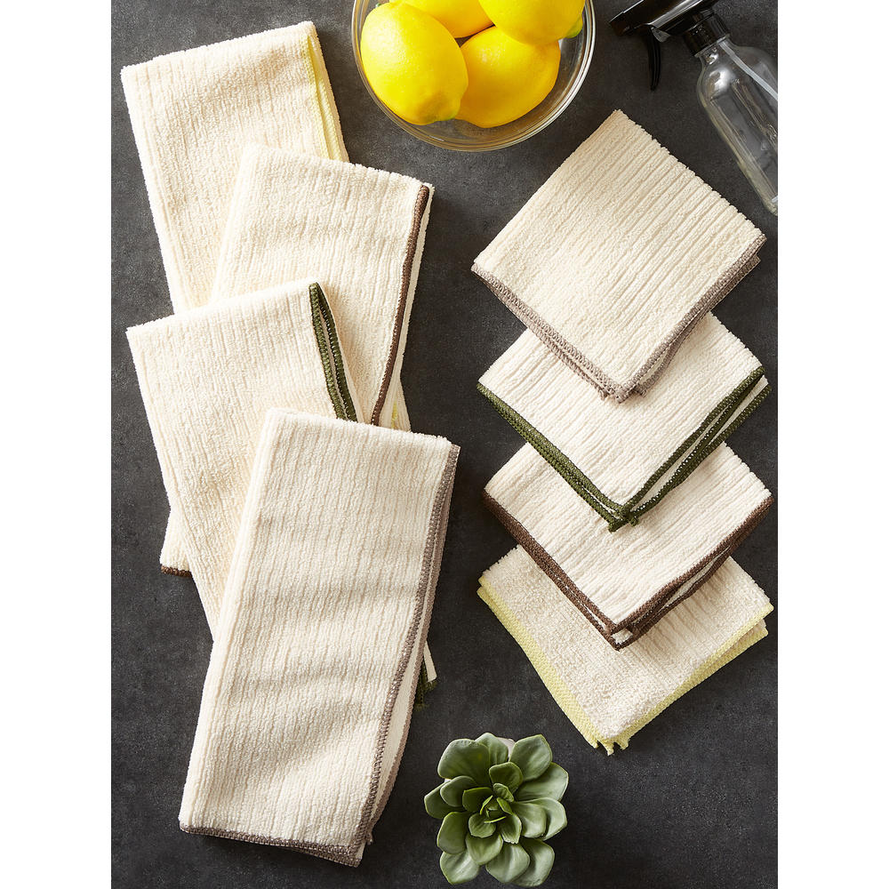 Contemporary Home Living Set of 8 Creamy White Striped Rectangular Dish Towels and Dish Cloths with Trim 24"