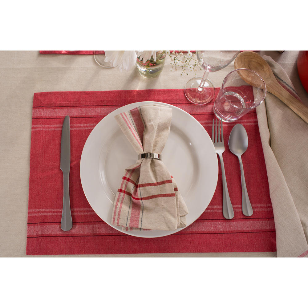 CC Home Furnishings Set of 6 Tango Red Chambray French Stripe Rectangular Placemats 19" x 13"