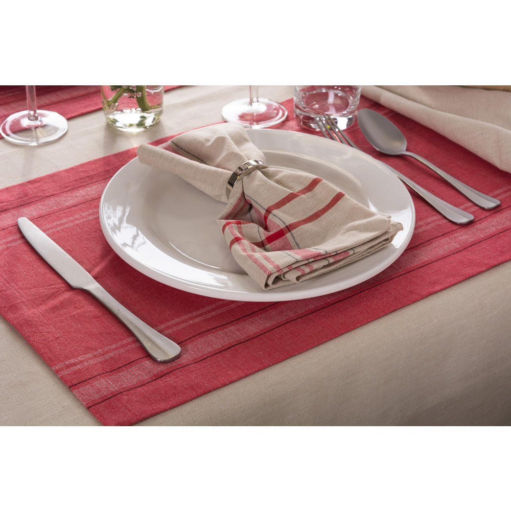 CC Home Furnishings Set of 6 Tango Red Chambray French Stripe Rectangular Placemats 19" x 13"