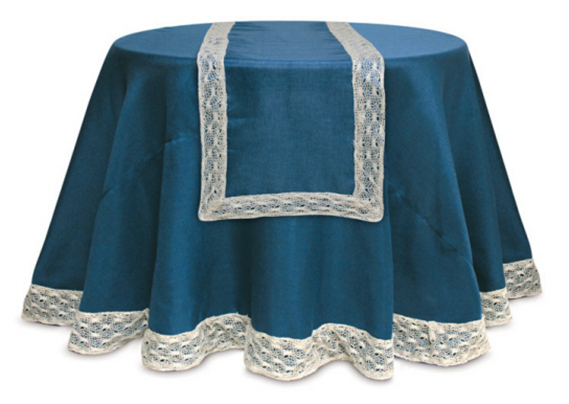 Melrose Opulent Blue and Cream Christmas Table Runner with Crocheted Edge 70