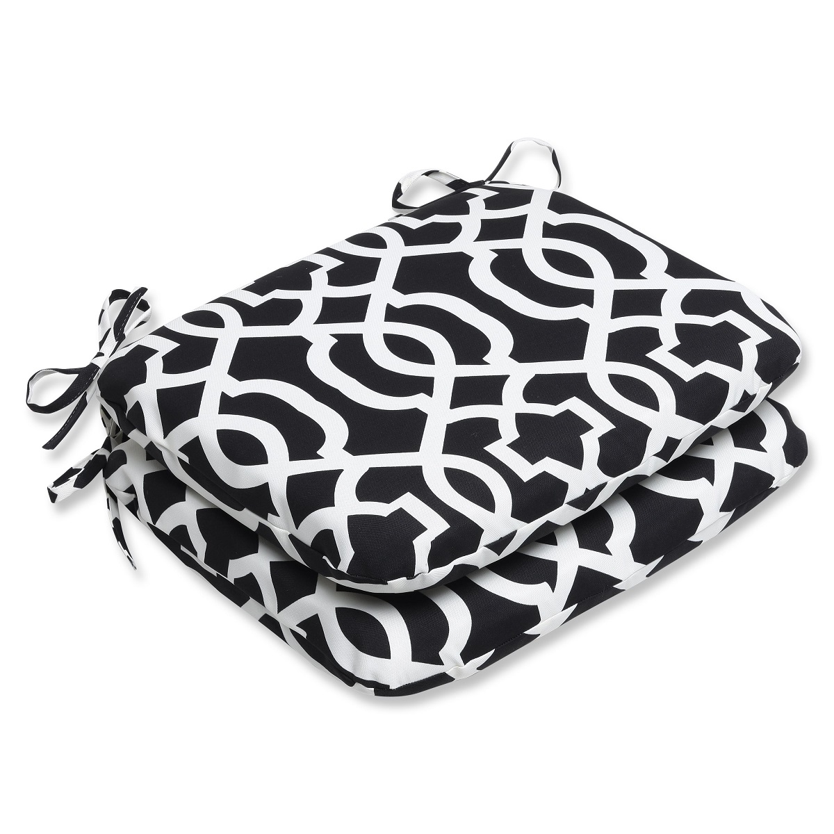 Pillow Perfect Set of 2 Black and White Geometric Outdoor Patio Rounded Chair Cushions 18.5"
