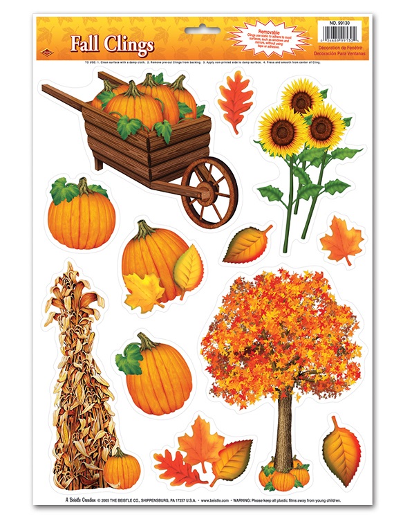 Beistle Club Pack of 144 Colorful Fall Thanksgiving Window Cling Decorations 17"