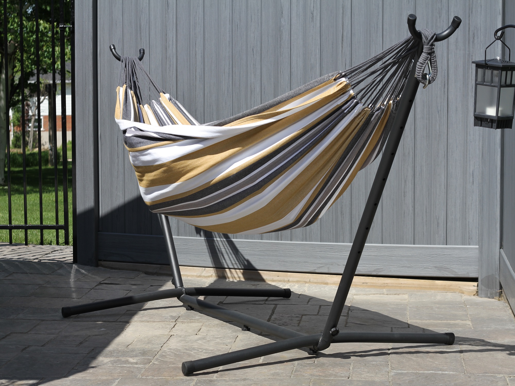 The Hamptons Collection 110” Grey and Gold Striped Brazilian Style Hammock with a Steel Hammock Stand